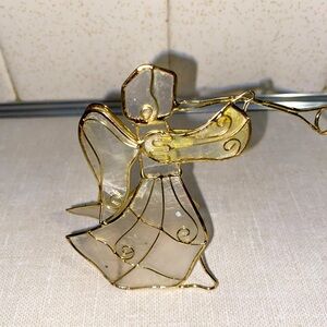 Vintage Capiz Shell Angel Horn  Christmas Tree Ornament With Horn Gold Tone Trim